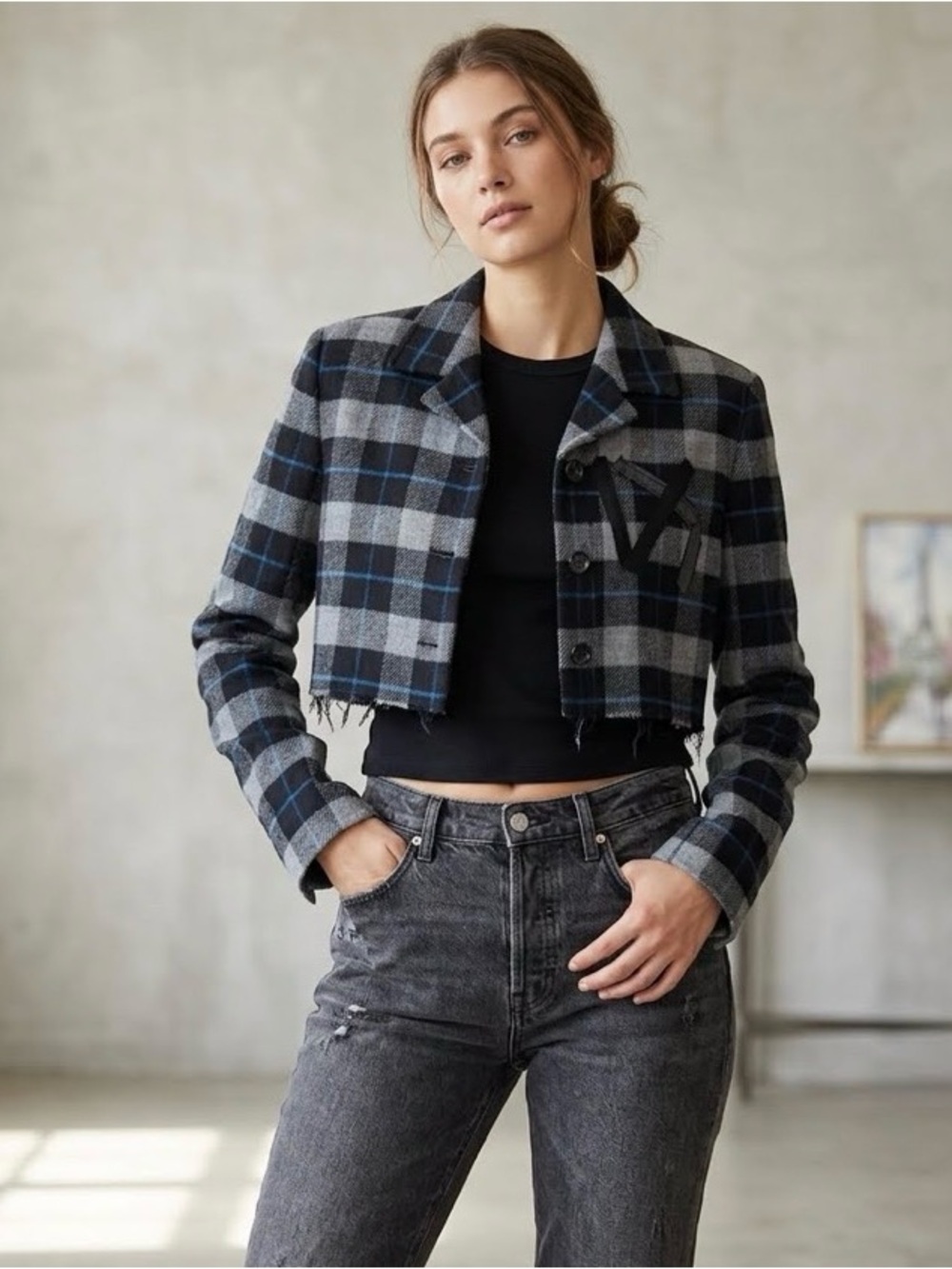 Harris Wallace Wool One of a Kind Lined Blue & Gray Plaid 3 Button Jacket XS EUC